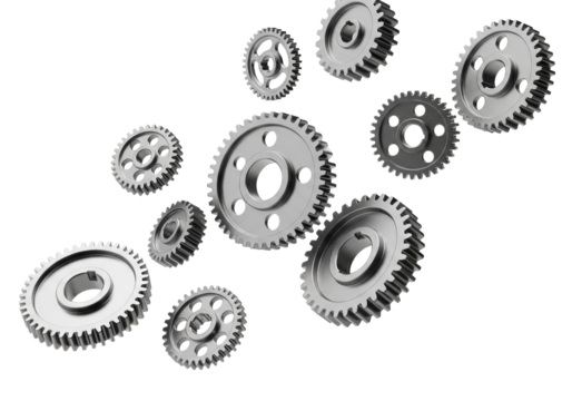 Miniature, precision-engineered silver steel gears with perfect teeth and lustrous reflections, floating weightlessly on a transparent studio void, Concept of mechanical precision and industrial