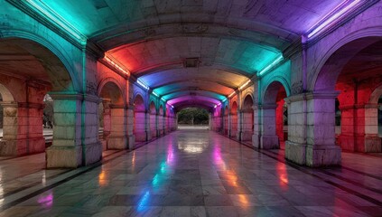 A colorful arcade walkway, illuminated by vibrant neon lights, creating a captivating and atmospheric scene.