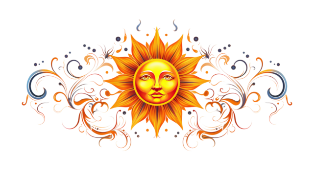 Decorative sun face with ornate floral swirls fantasy celestial artwork isolated on white background