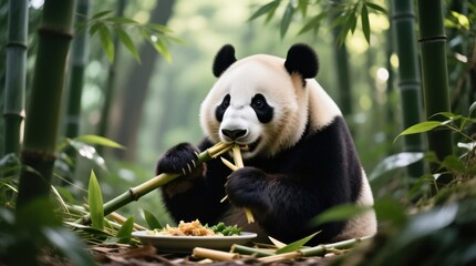 Obraz premium Panda eating bamboo in a lush bamboo forest