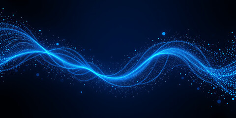 Abstract blue glowing wave of particles and light trails flowing on a dark background, representing data or energy