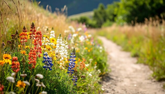Colorful wildflowers along a scenic trail in springtime