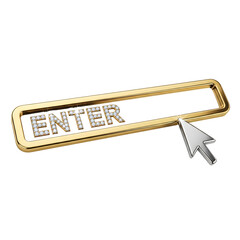 Gold framed 'ENTER' button with shimmering pearl text, clicked by a silver mouse cursor, symbolizing online login, registration, or submission. Ideal for web design, digital marketing,