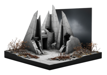 Meticulously crafted miniature architectural model of a desolate, post-industrial landscape with brutalist concrete ruins, rusted debris, and dead flora against a white studio background, dystopian