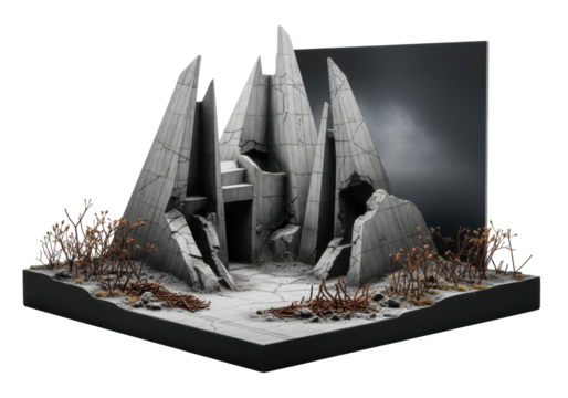 Meticulously crafted miniature architectural model of a desolate, post-industrial landscape with brutalist concrete ruins, rusted debris, and dead flora against a white studio background, dystopian