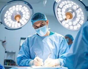 A surgeon performs a complex procedure. Bright operating lights illuminate their hands and the surgical instruments. The background shows the rest of the attentive medical team.