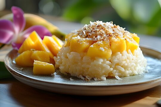Mango sticky rice is placed on a porcelain plate, sprinkled with coconut flakes on the surface
