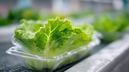 Medium shot of compostable bioplastic farm packaging highlighting a vibrant green leafy vegetable with blurred background emphasizing ecofriendly waste reduction.