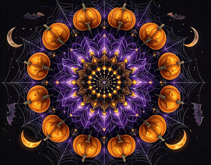 Luminous Halloween Mandala with Pumpkins and Spiderwebs