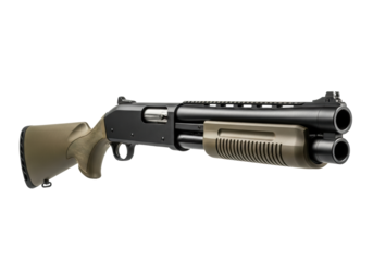 Rugged tactical side-by-side double-barreled shotgun, olive drab stock and matte black receiver, isolated on a transparent background with negative space. Concept of urban defense