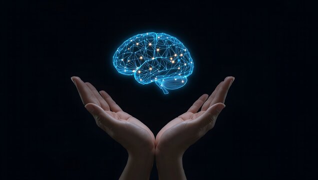 Womans hands hold digital brain.