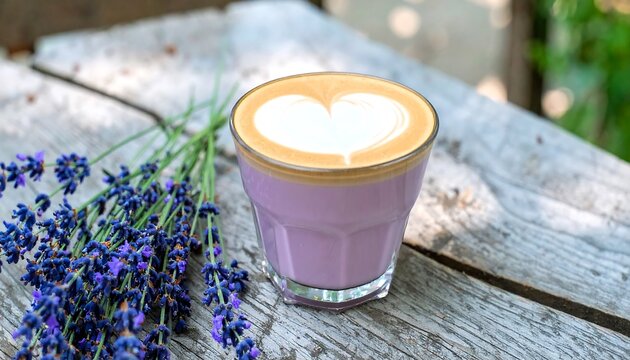Lavender latte on a wooden table