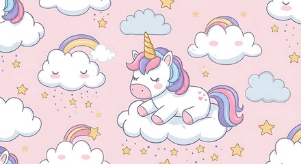 Cute Cartoon Unicorn Sleeping on a Cloud Seamless Pattern.