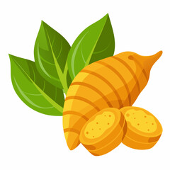 Turmeric Root with Slices and Leaves
