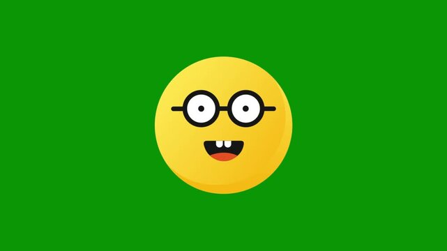 Quirky cartoon face with glasses and buck teeth smiles happily in vibrant green background