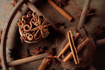 Cinnamon sticks and anise on a rusty background.