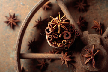 Cinnamon sticks and anise on a rusty background.