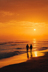 Fototapeta premium Couple Holding Hands Walking on Beach at Sunset