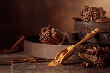 Cinnamon and anise on a brown vintage background.
