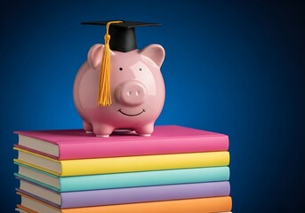 Piggy Bank Graduation Cap Sitting on Stack of Colorful Books Demonstrating Education Savings