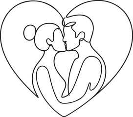 Continuous line art of couple kissing inside a heart shape, abstract minimal love symbol vector illustration