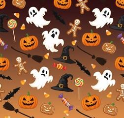 Spooky Halloween Night Pattern with Ghosts and Candies