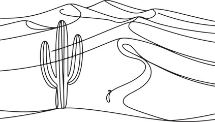 Naklejka premium “Continuous line art of desert dunes with cactus, abstract minimal landscape vector” (1)