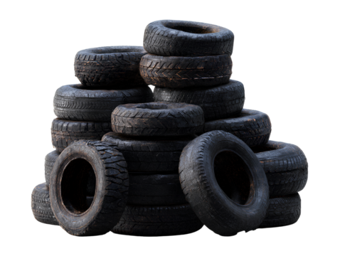 Stack of old worn car tires isolated on transparent background