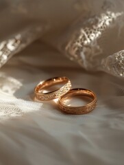 Gentle sunlight falls on the bride's wedding ring, which sparkles in the light