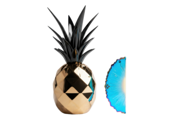 Lustrous bronze pineapple sculpture with sharp black leaves & iridescent blue acrylic slice, on transparent studio background. Concept of futuristic industrial design & modern art