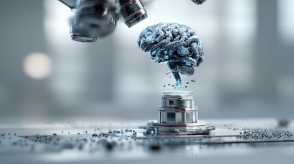 3D Representation of a Digital Brain Being Constructed by Robotic Arms in a Futuristic Laboratory Environment