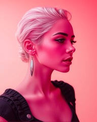 Naklejka premium Elegant portrait of a young woman with platinum blonde hair and stylish makeup, side profile against vibrant pink background, fashion inspired modern beauty
