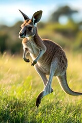 A kangaroo leaps across the grasslands of australia, bathed in soft sunlight