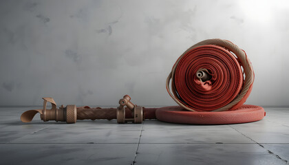 Rolled Fire Hose and Nozzle on Concrete Floor