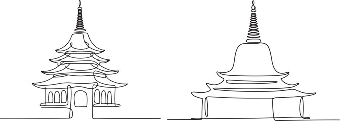 Continuous line art Buddhist pagoda abstract minimal temple silhouette vector illustration
