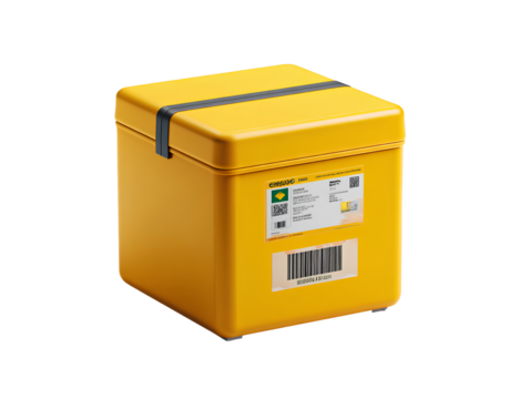 Yellow shipping box with barcode and labels isolated on transparent background