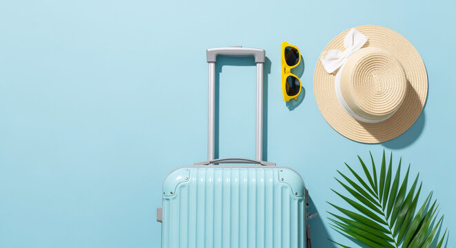 Stylish Suitcase, Hat, and Sunglasses on Blue Background