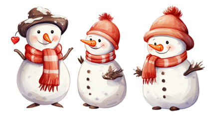 Cute snowmen with carrot noses red scarves and winter hats isolated on white background