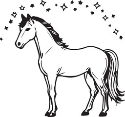 Obraz premium Minimal line art of a horse with decorative stars above, simple animal sketch illustration design