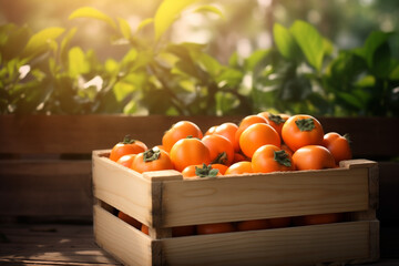 persimmons fresh in wooden crate blurred plantation background