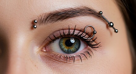Close-up of a female eye with intricate piercings and detailed makeup application creating a