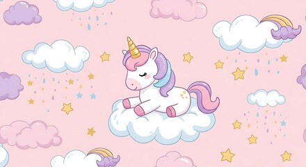 Cute unicorn in a dreamy pink background with clouds and stars.