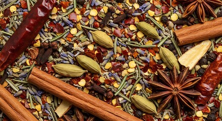 An intricate mosaic of aromatic spices showcasing a vibrant blend of flavors and textures for