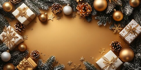Festive Christmas presents pine cones and ornaments on gold background gifts