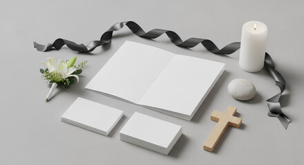 Funeral invitation layout with blank card, wooden cross, candle, and gray ribbon. Funeral invitation arrangement conveys peace and solemnity, featuring minimal elegant accessories.
