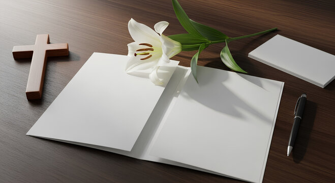Funeral service arrangement with open blank card and lily flower, creating a somber setting. Funeral service includes symbolic cross, writing pen, and stationary, implying reflection.