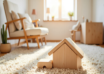 Wooden toy house on soft beige carpet in blurred cozy interior captures home environment. Home environment includes miniature wooden dwelling and blocks, soft light filtering.