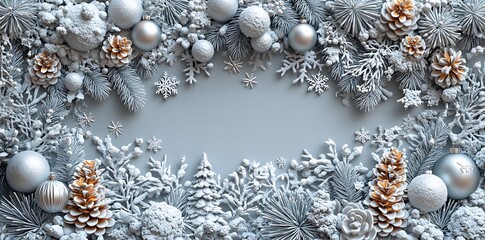 Frosted Christmas Decorations with Pinecones and Snowflakes on Light Blue Background