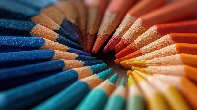 Vibrant colored pencils arranged in a radial pattern, perfect for art and creativity projects.