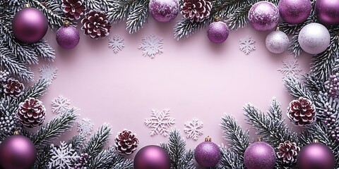 Frosted Christmas tree branches with purple baubles and pinecones winter holiday